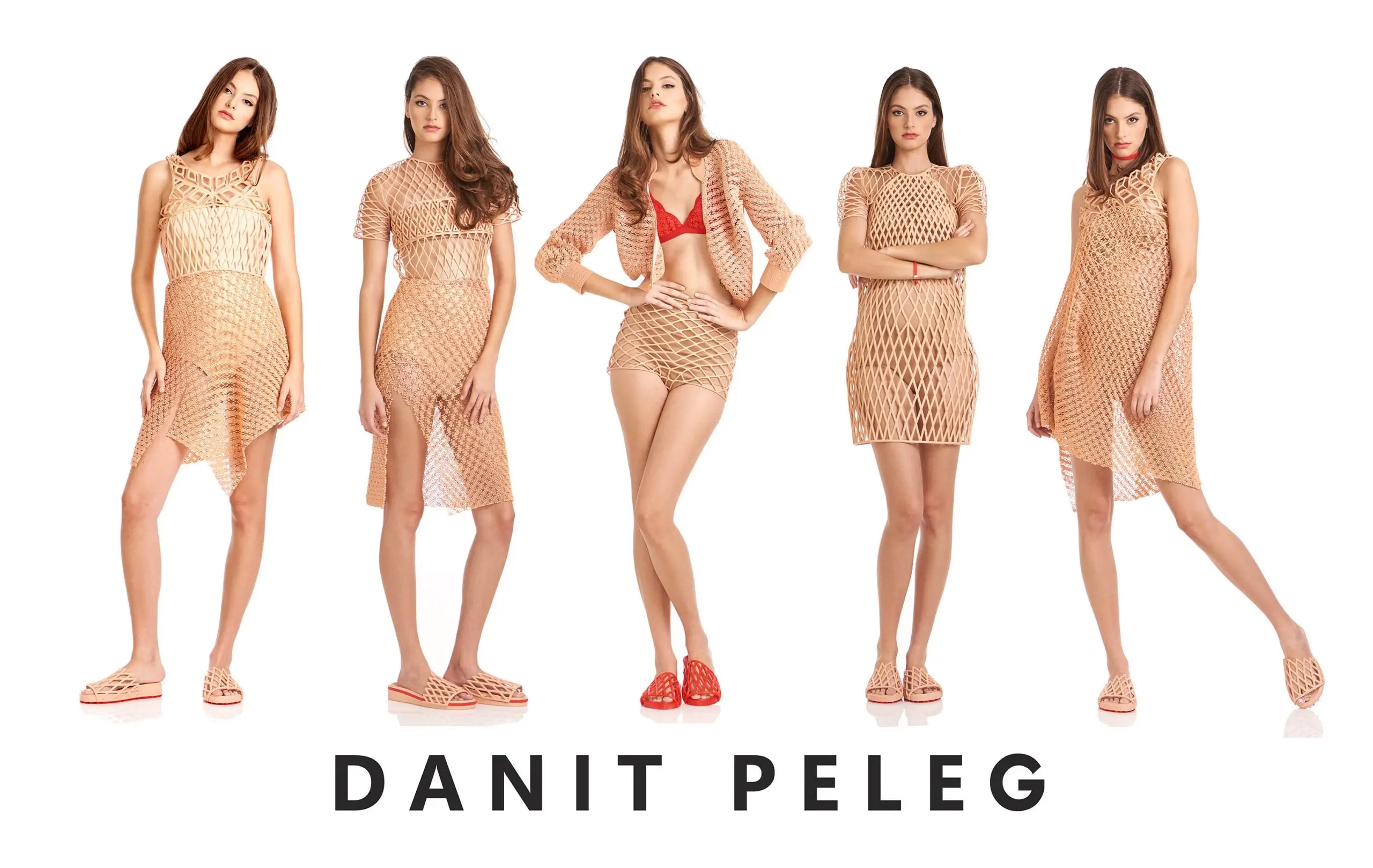 A lineup of five female models standing against a white background, all wearing various beige or pale nude 3D-printed, open-weave mesh garments, some styled as dresses, with one model in the center wearing a matching jacket and shorts over a red bikini top. The designer name "DANIT PELEG" is written in black text below the models.