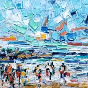 Highly textured, abstract impasto painting dominated by thick blocks of light blue, teal, white, and orange, suggesting a vibrant sky and beach or water scene. In the lower section, small stylized figures appear to be walking away from the viewer.