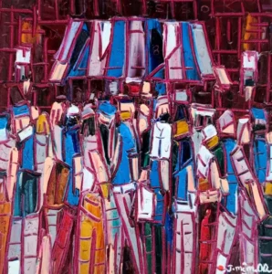 Oil painting using heavy impasto technique depicting a densely packed crowd of stylized people in blues, whites, reds, and oranges standing beneath a striped awning or structure. The background is a deep reddish-brown.