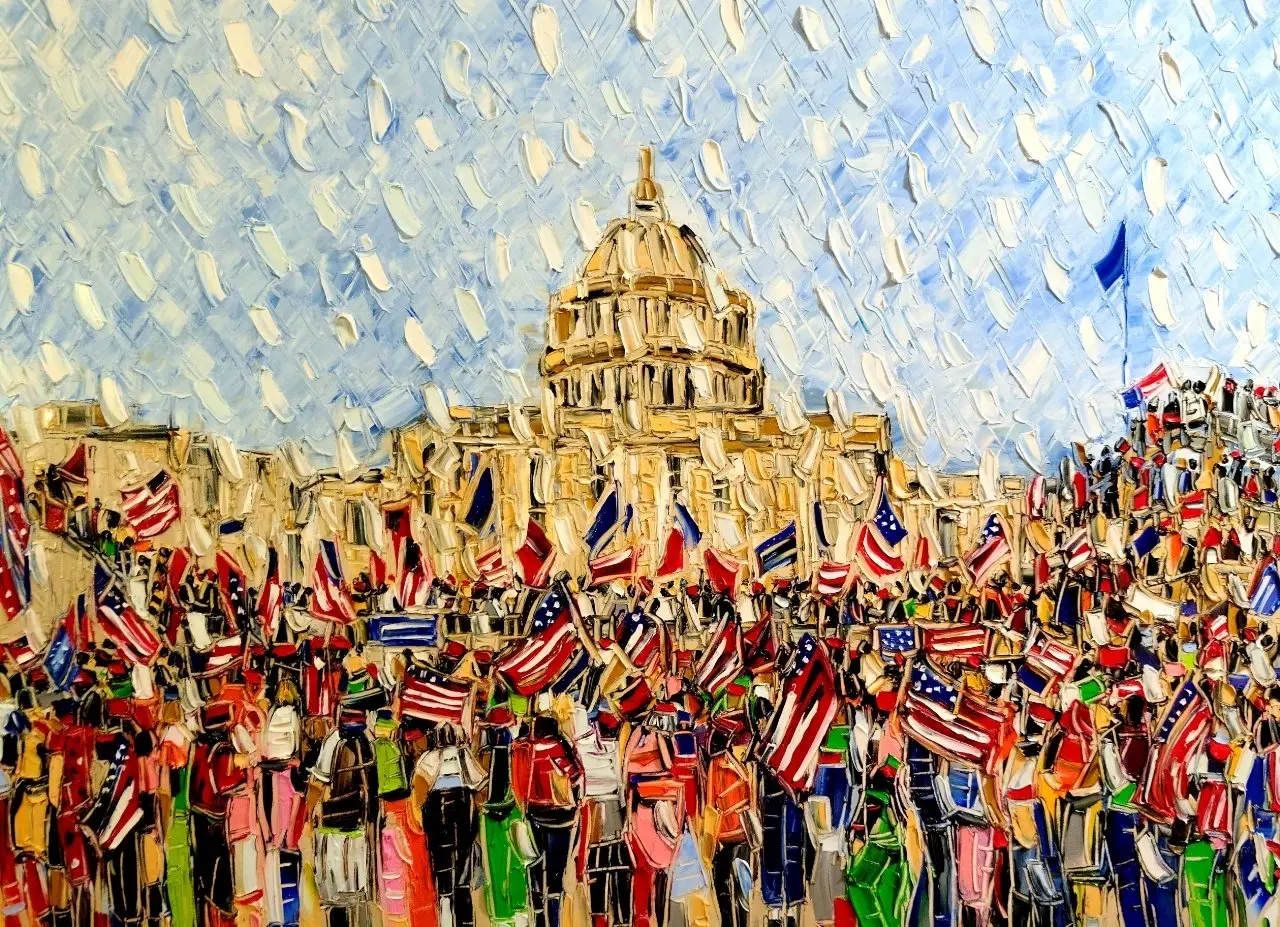 A vibrant, heavily textured impasto oil painting depicting a massive crowd gathered in front of a grand domed building resembling the U.S. Capitol. The figures in the crowd are stylized and colorful, with numerous American flags held high. The sky is rendered with thick, white and blue brushstrokes suggesting texture or perhaps rain/snow.