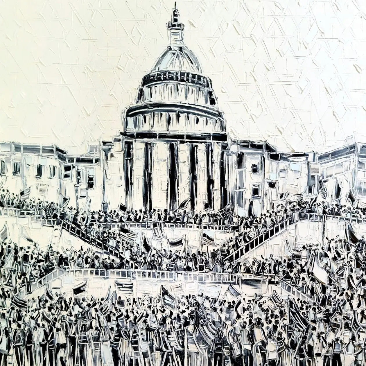 Black and white impasto painting of the U.S. Capitol Building with a large, enthusiastic crowd gathered on the steps and plaza below, holding numerous flags. The texture is heavily layered and sculptural.