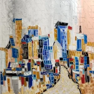 Colorful, heavily textured impasto painting of an abstract cityscape featuring buildings in shades of blue, gold, gray, and white, with a stylized road winding into the foreground.