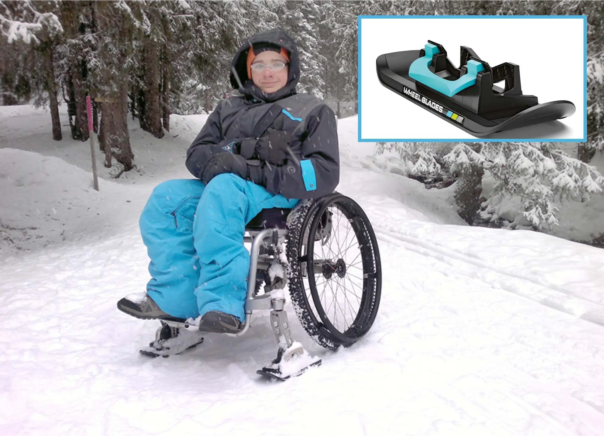 A large image shows a person in a wheelchair wearing a dark winter coat and blue snow pants sitting in the snow in a forest. The wheelchair has been modified with ski attachments (or "Wheel Blades") on the front small wheels, allowing them to traverse the snowy terrain. An inset image in the upper right corner displays a close-up of the black and light blue "WHEEL BLADES" ski attachment product.