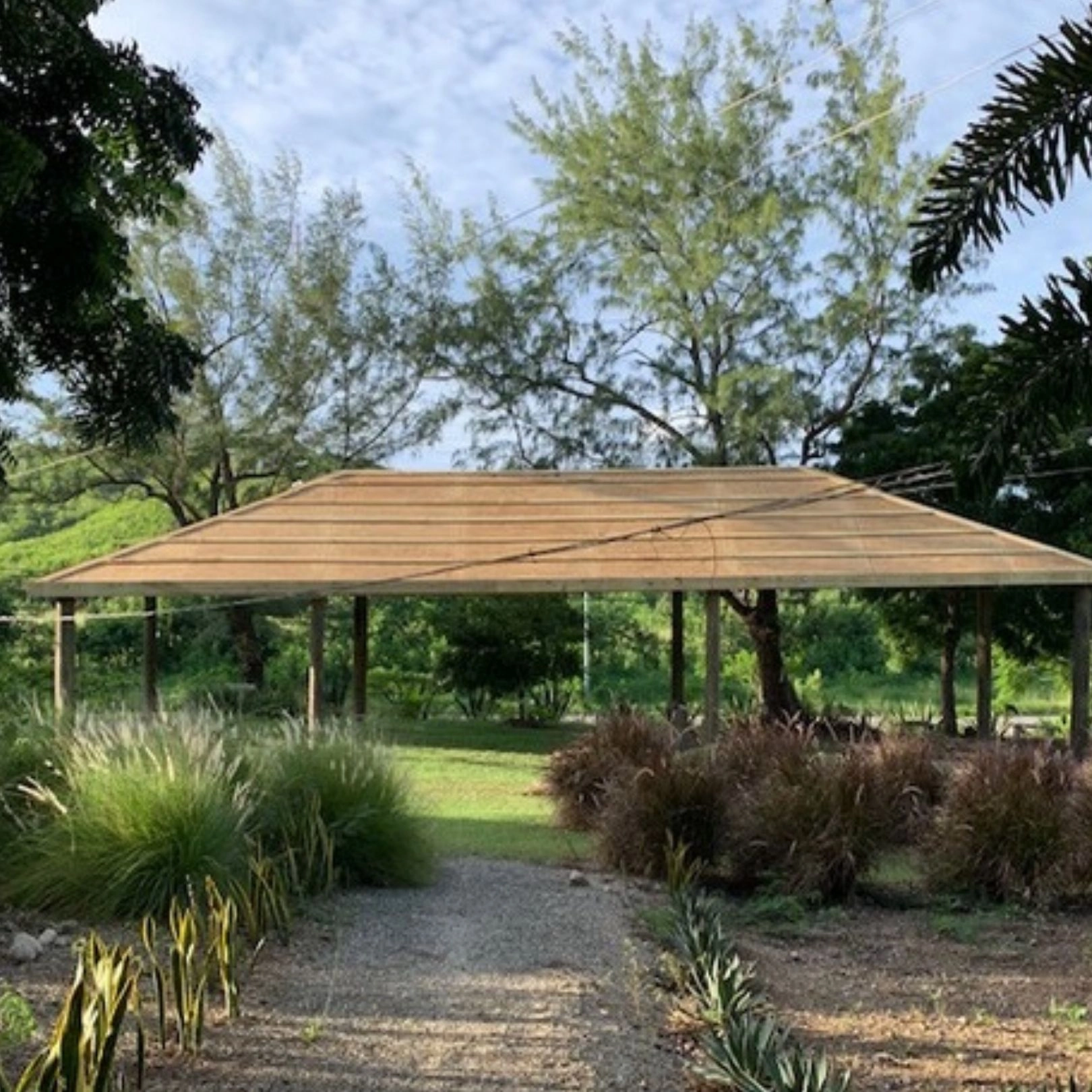 A view down a small, gravel pathway leading to a simple, open-sided wooden shelter or pavilion with a light brown roof. The area is surrounded by various types of grasses, shrubs, and trees under a partly cloudy sky.