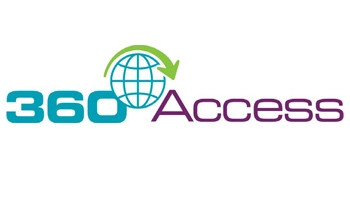 The logo for "360 Access." The "360" is written in teal-blue, followed by a teal-blue globe icon with a curving green arrow rotating over the top of it. The word "Access" is written in purple next to the globe.