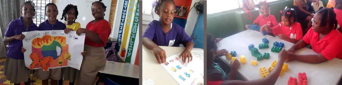 A three-panel composite image showing children and adults participating in educational activities, likely in a classroom or school setting. The left panel shows three young girls in school uniforms and one adult woman holding up a colorful poster that reads "Because you did, we did." The center panel shows a girl in a purple shirt sitting at a desk and pointing at pictures on a sheet of paper. The right panel shows a group of three young children and two adults sitting around a low table, playing and building with large yellow, green, and blue plastic blocks.