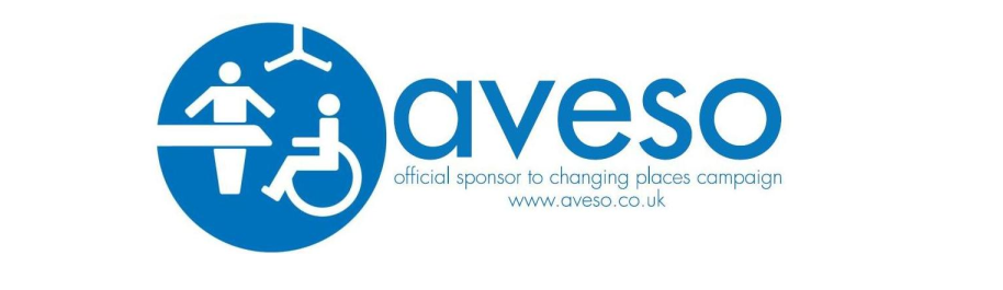 A logo for 'aveso,' official sponsor to the changing places campaign. The logo features a blue circle with white iconography showing a person using a changing bench, a hoist, and a person in a wheelchair. The text reads 'aveso official sponsor to changing places campaign www.aveso.co.uk'.