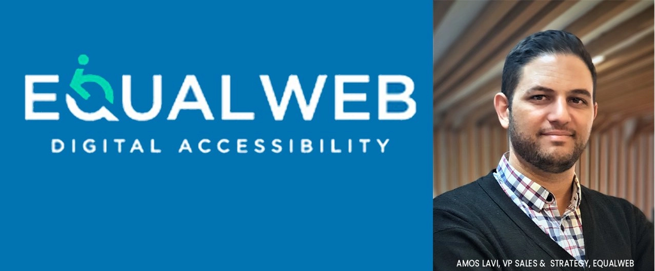 A composite image featuring two side-by-side elements. On the left is the EqualWeb logo and text "DIGITAL ACCESSIBILITY" on a bright blue background, where the 'E' in 'EQUALWEB' is stylized as a universal symbol of access/person in a wheelchair. On the right is a headshot of Amos Lavi, VP Sales & Strategy at EqualWeb, a man with dark hair and a beard, wearing a plaid shirt and a dark cardigan, looking directly at the camera.