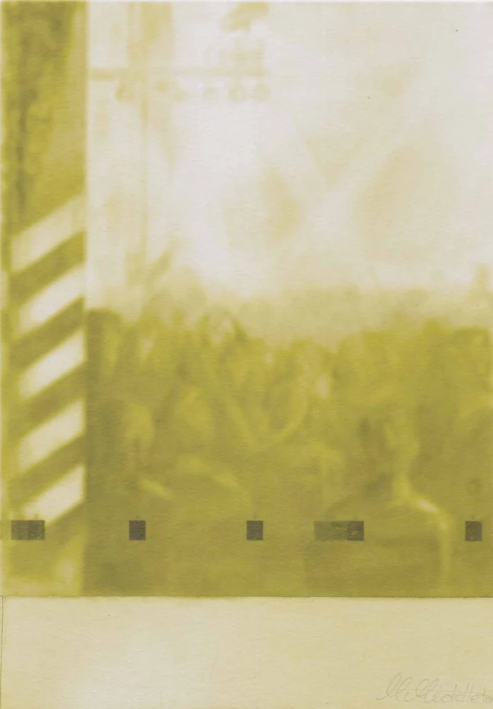 An abstract, monochromatic painting dominated by a soft, muted olive-green and white palette. The upper two-thirds features a blurred, faded crowd or indistinct figures, partially obscured by bright light and a wide, diagonally striped column on the left edge. The bottom third is a lighter, empty beige-white field with the artist's signature.