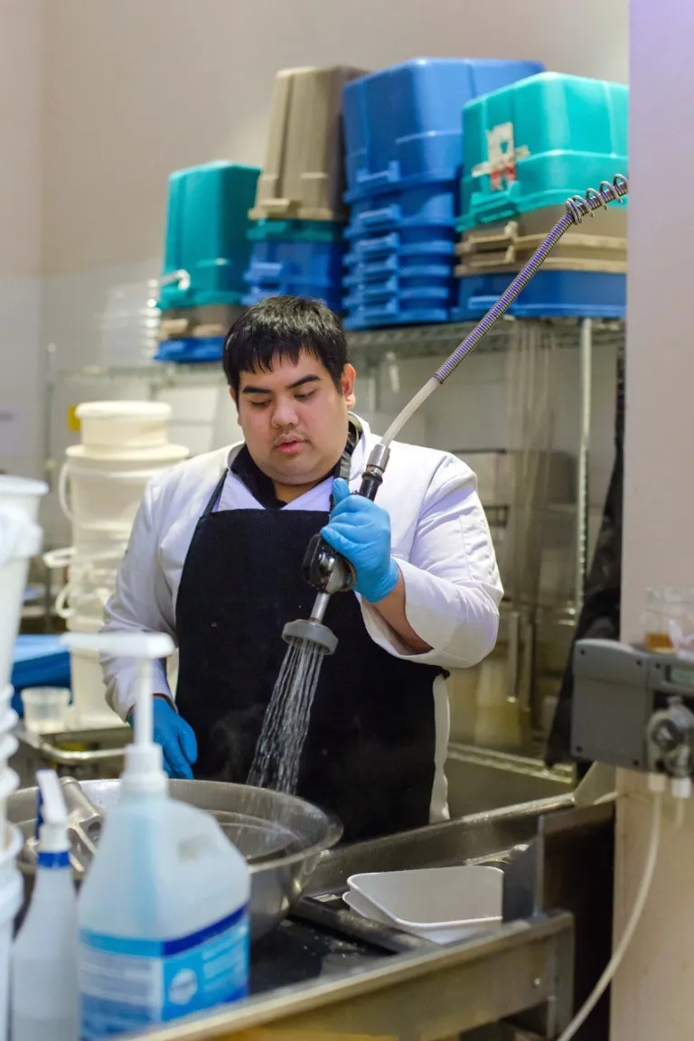An employee wearing a white chef coat and black apron is washing dishes in a commercial kitchen sink. The employee, who is also wearing blue gloves, is holding a spray nozzle that is rinsing a bowl. Stacks of colorful blue and turquoise plastic bins are visible on shelves in the background.