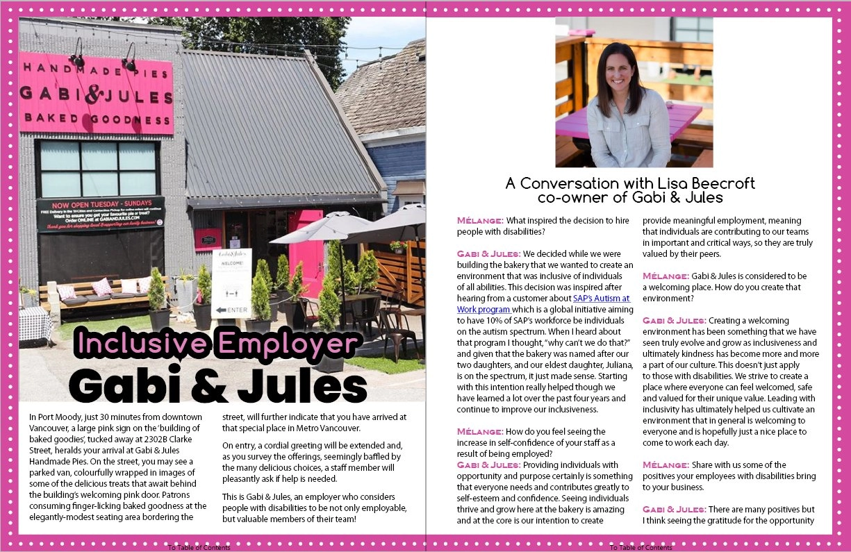 A magazine spread featuring an article titled "Inclusive Employer Gabi & Jules." On the left is a photo of the exterior of the bakery Gabi & Jules, which has a pink awning and an outdoor patio. The right side features a photograph of Lisa Beecroft, co-owner of Gabi & Jules, smiling, next to an interview transcript about the business's mission to employ people with disabilities.