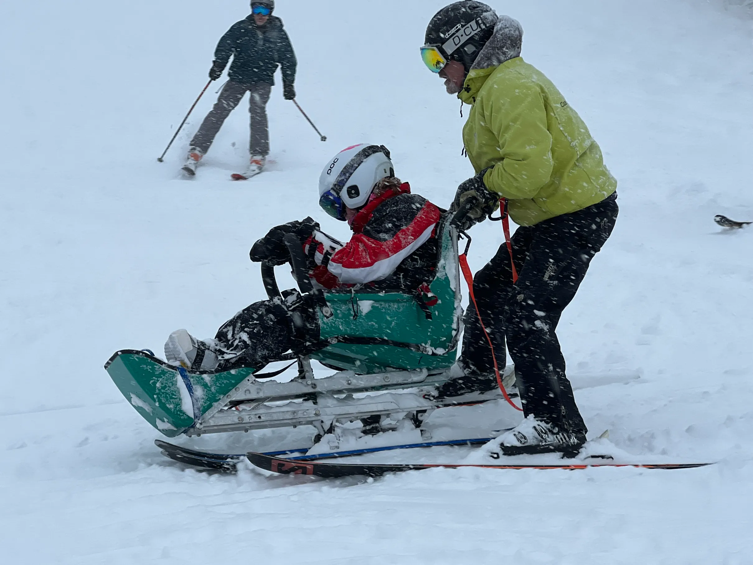 On a snowy ski hill, a person in a green jacket skis while pushing an adaptive skier.