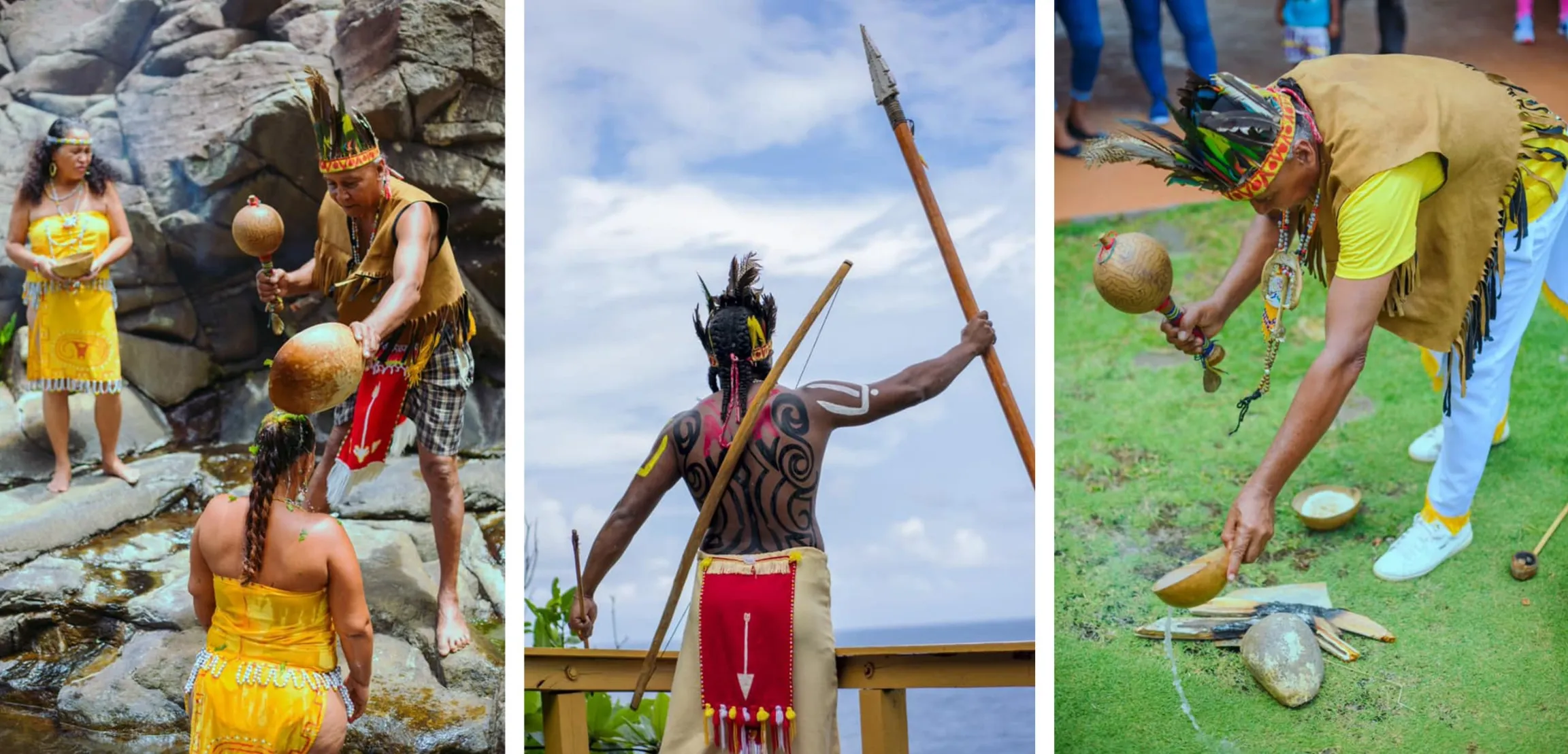 A three-panel image showing indigenous people in traditional attire. The panel on the left features two women in yellow skirts and a man in a vest and headdress holding a gourd, standing on dark, wet rocks near water. The middle panel shows a man from the back, wearing body paint and a headdress, holding a spear and a bow on an outdoor wooden platform against a cloudy sky. The right panel shows a man in a headdress and vest leaning down to perform a ritual with a gourd and small bowls on the ground.