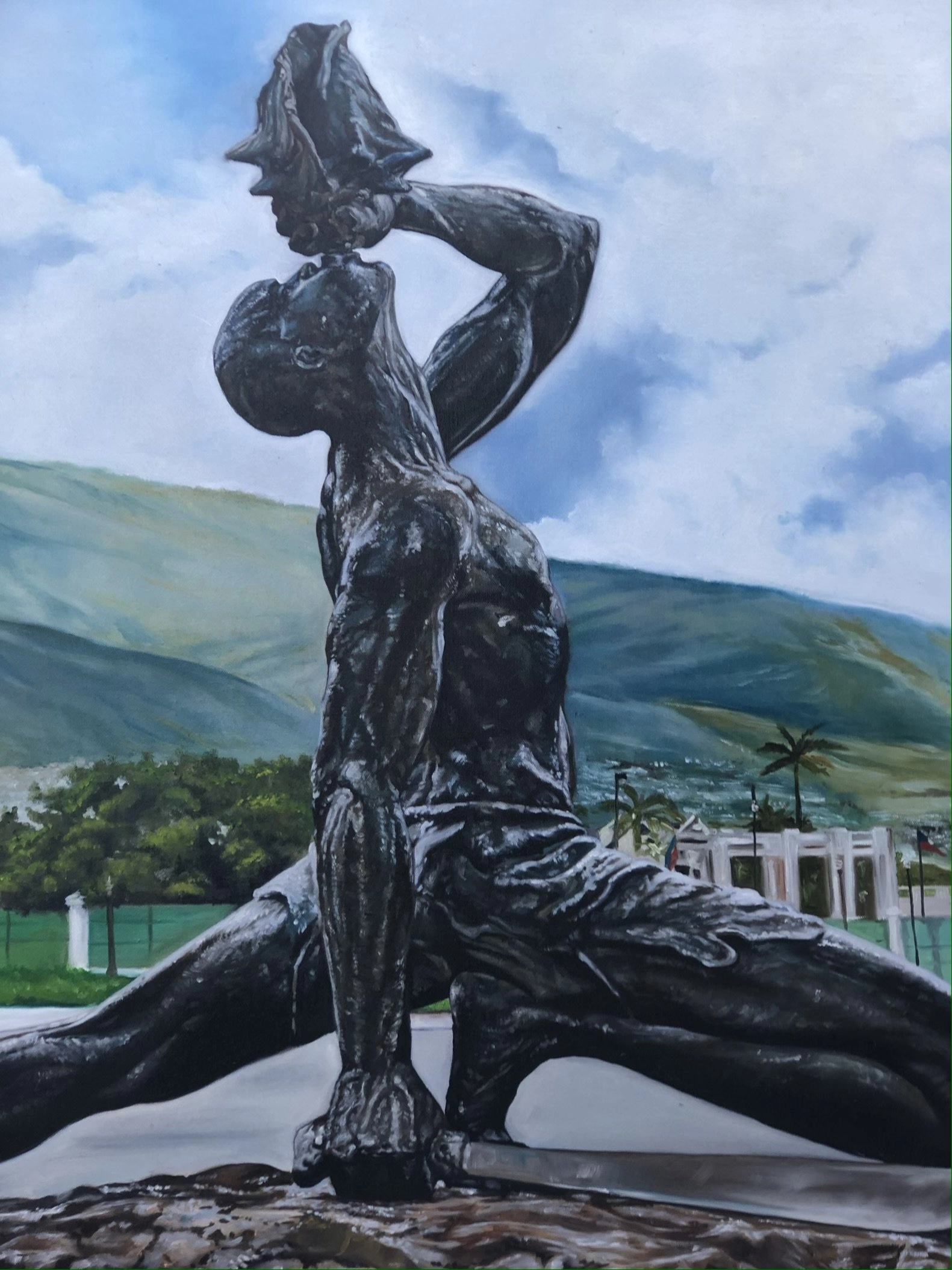 A realistic oil painting depicting a bronze statue, likely Le Nègre Marron (The Unknown Slave), set against a backdrop of green mountains and a cloudy blue sky. The statue features a muscular, nude Black man kneeling with one leg outstretched, blowing into a conch shell held high above his head. In the background are palm trees and white buildings.