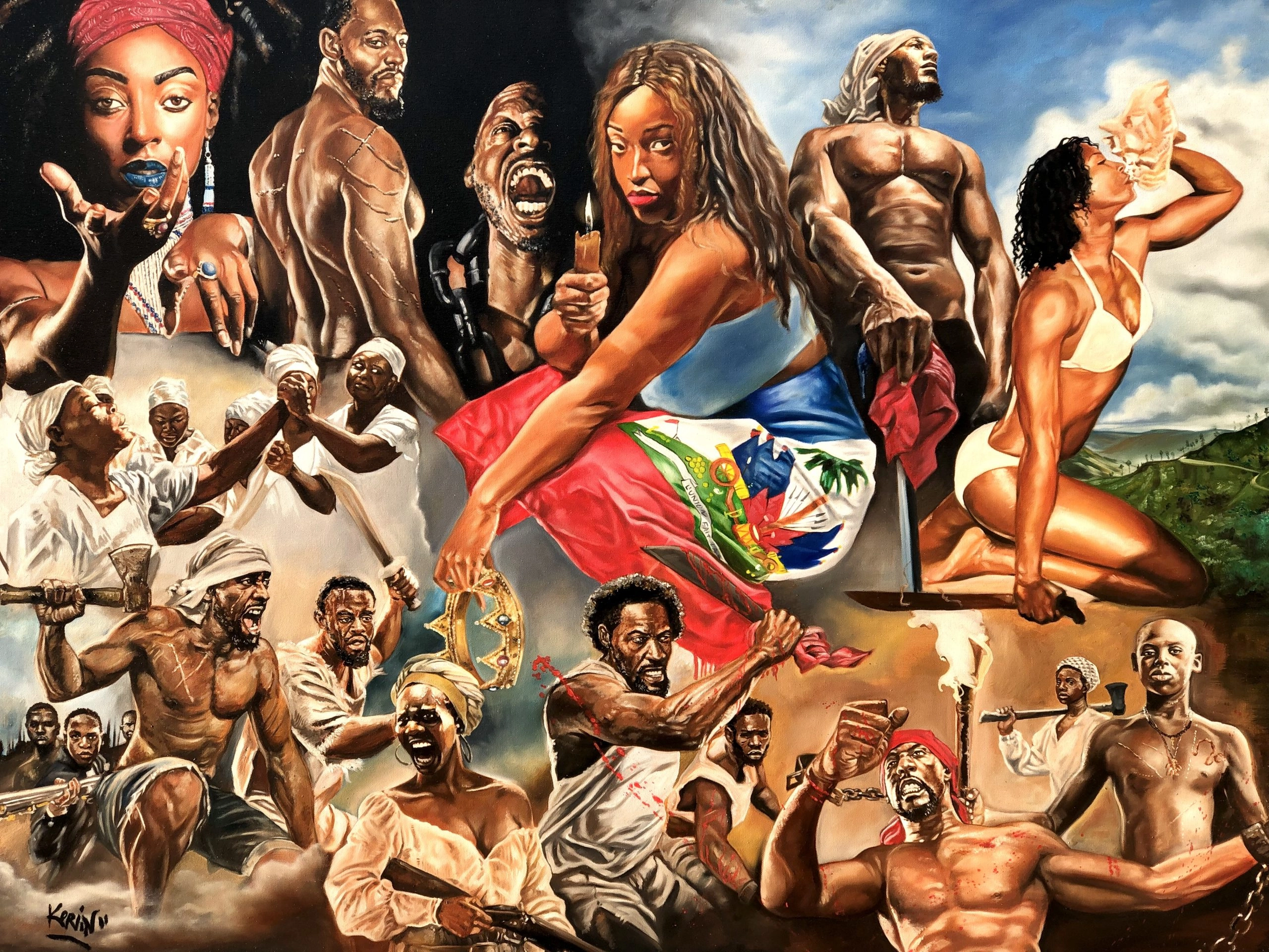 A dramatic, dense oil painting featuring a collage of figures representing the Haitian Revolution and culture. Dominating the center is a Black woman holding a lit candle and draped in the Haitian flag. Surrounding her are muscular Black men, some shirtless and armed with machetes, guns, and torches, shouting, fighting, or in chains. Other figures include women in traditional white head wraps and a woman in white undergarments breathing fire. The overall tone is intense and revolutionary. The signature "Kerlin" is visible.