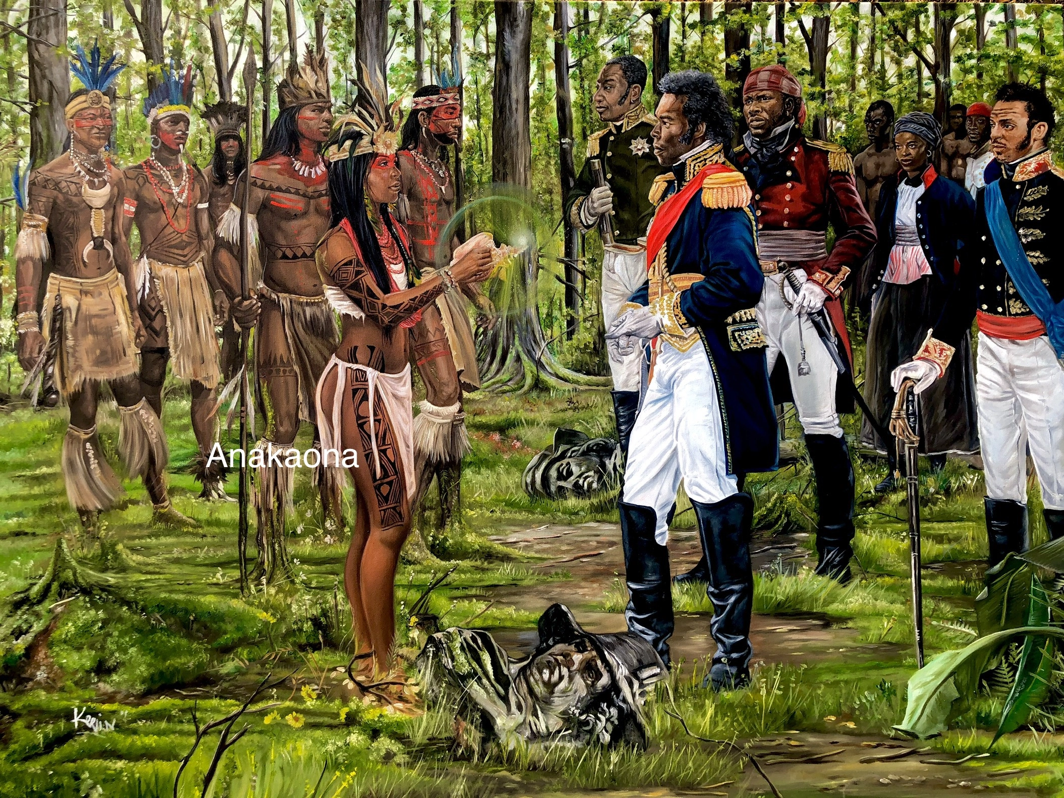 A historical painting set in a dense forest, depicting a meeting between indigenous people and European-style military officers, possibly from the Haitian or Caribbean context. On the left, a group of indigenous figures, including a woman labeled "Anakaona" wearing traditional attire and feather headdresses, face a group of Black and white officers on the right, who are dressed in early 19th-century military uniforms, predominantly featuring blue, red, and gold accents. The scene suggests a negotiation or parley. The artist's signature is visible in the bottom left corner.