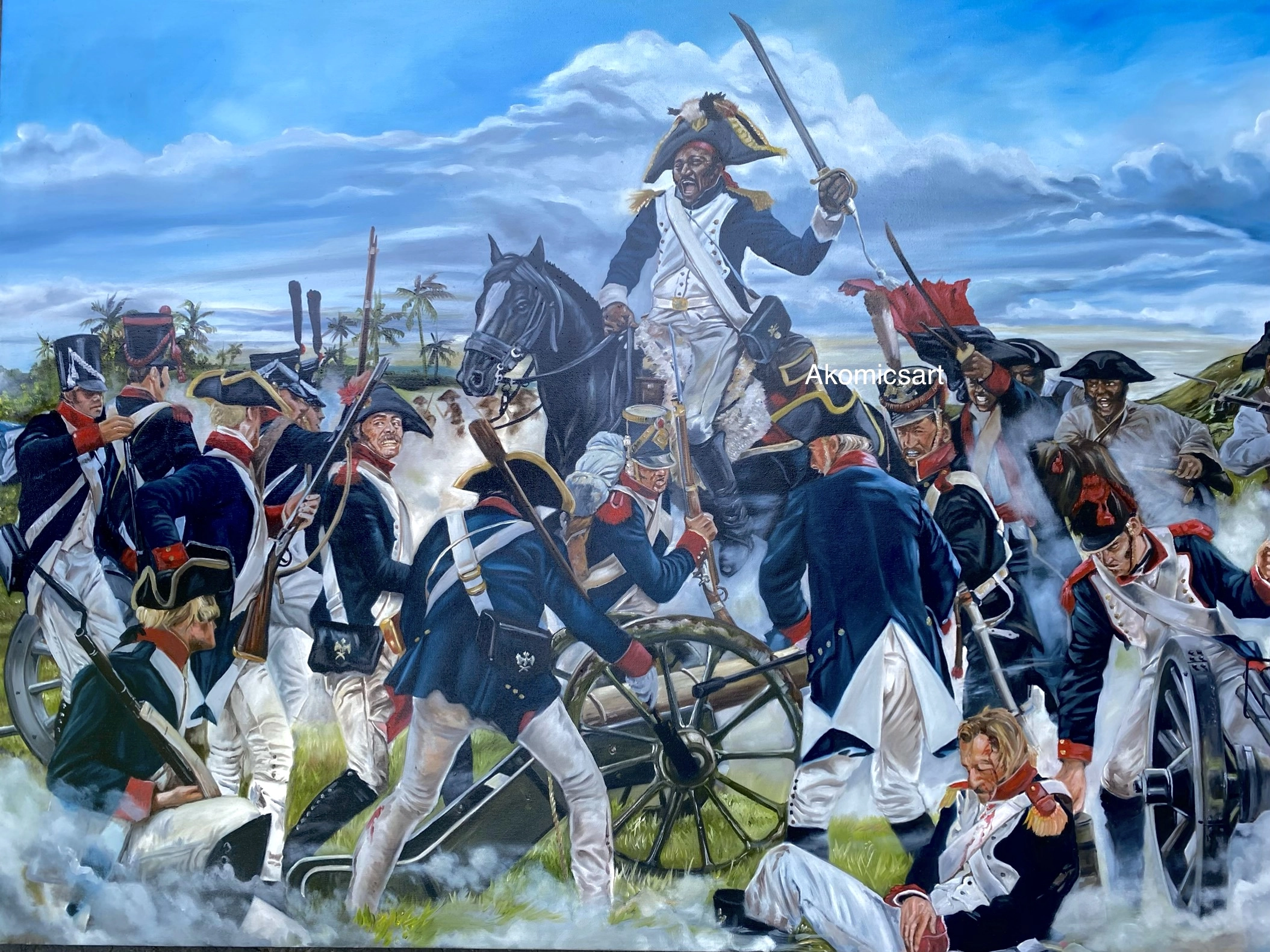 A dramatic oil painting of a historical battle scene, likely the Haitian Revolution. A Black commander on a rearing black horse, dressed in a blue and white uniform and holding a sword, dominates the center. Below and around him, various soldiers in 18th/19th-century European-style uniforms are engaged in combat, some falling near a cannon. The sky is blue and cloudy. The artist's signature, "Akomicsart," is visible in the center right.