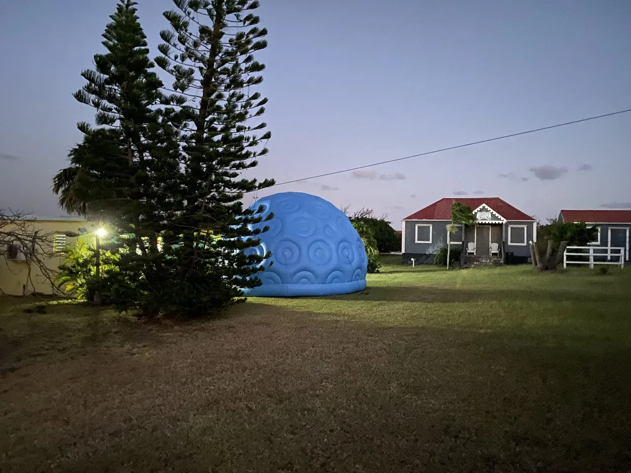 An outdoor scene at dusk or pre-dawn showing a large, blue, inflatable dome-shaped structure with a patterned surface, positioned in a grassy field. Two tall, dark pine trees stand to the left of the dome. In the background are several small, traditional houses with dark siding and red roofs.