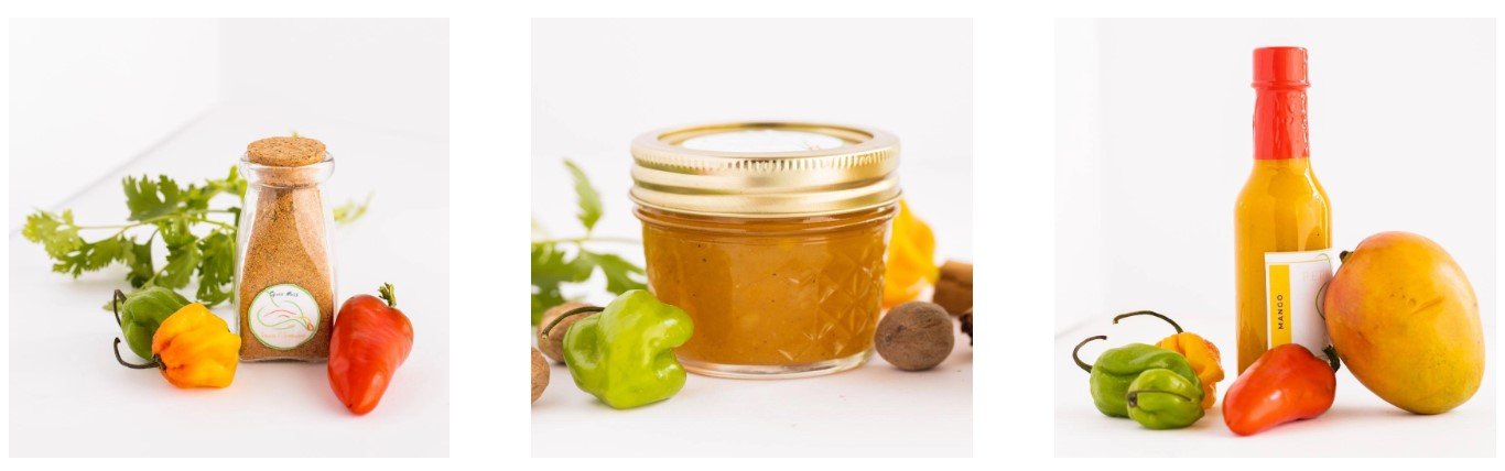 A product shot arranged as a triptych on a white background. The left panel shows a small glass jar of spice blend, a sprig of cilantro, a green, yellow, and red pepper. The center panel shows a jar of golden-colored sauce or jam, surrounded by a green pepper and two nutmegs. The right panel shows an orange hot sauce bottle, a red pepper, a green pepper, and a mango.