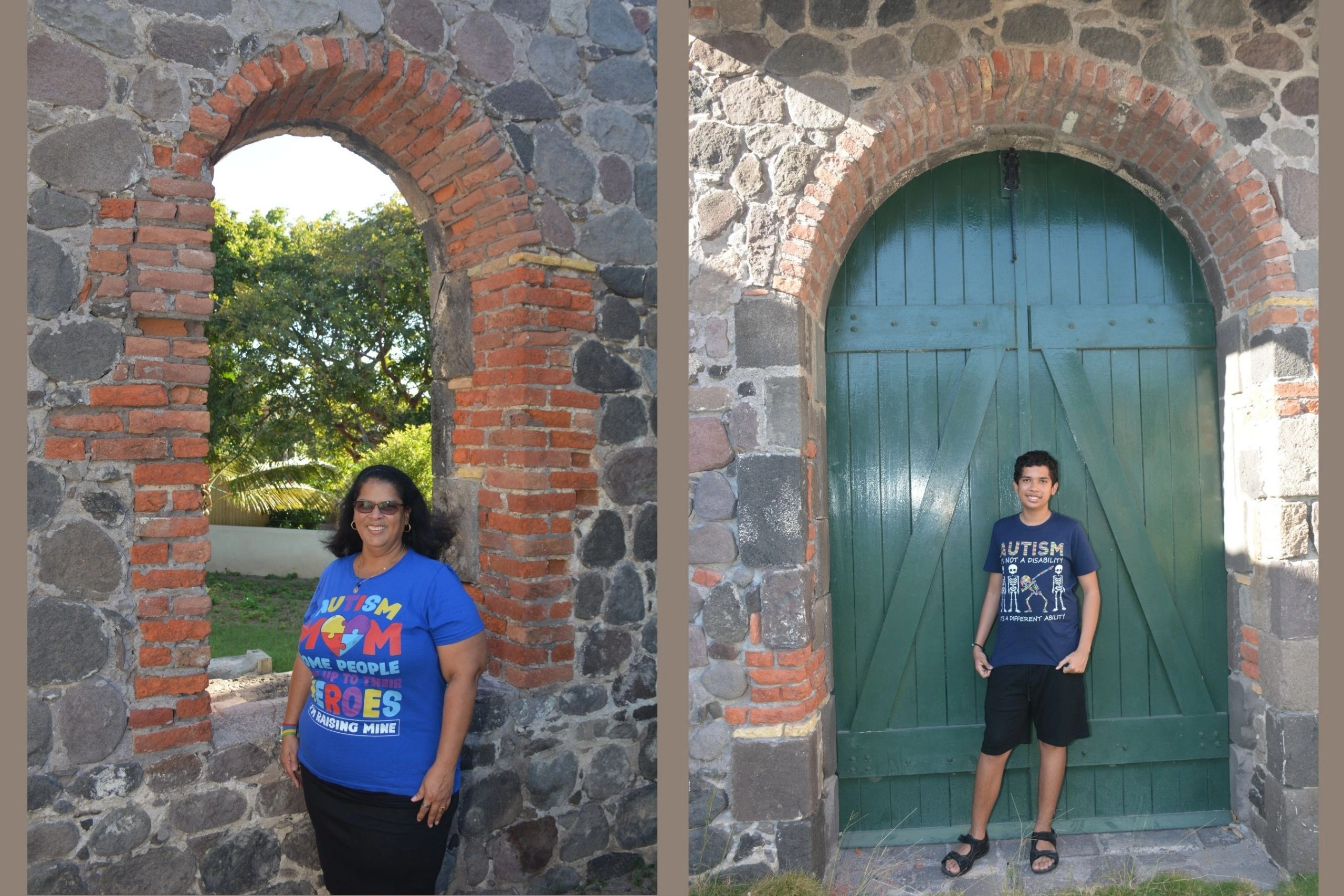 A two-panel photo showing two individuals standing in the arched doorways of an old stone and brick structure. In the left panel, a woman with dark hair and sunglasses, wearing a blue t-shirt that says "AUTISM MOM: SOME PEOPLE LOOK UP TO HEROES, I'M RAISING MINE," stands under a brick archway that opens to a sunny, green outdoor area. In the right panel, a young man in a dark blue "AUTISM" t-shirt and shorts stands in front of the same stone archway, which is now filled with a large, closed green wooden door.