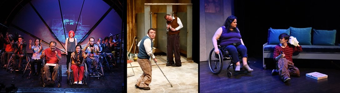 A three-panel composite image depicting scenes from a stage production, likely a play or musical. The left panel shows a large group of actors, many seated in wheelchairs, posing on a stage with vibrant blue and red lighting. The center panel shows two male actors in period costumes performing on a sparse stage. The right panel shows a woman seated in a wheelchair talking to a young person kneeling on the floor next to a dark sofa with blue pillows.