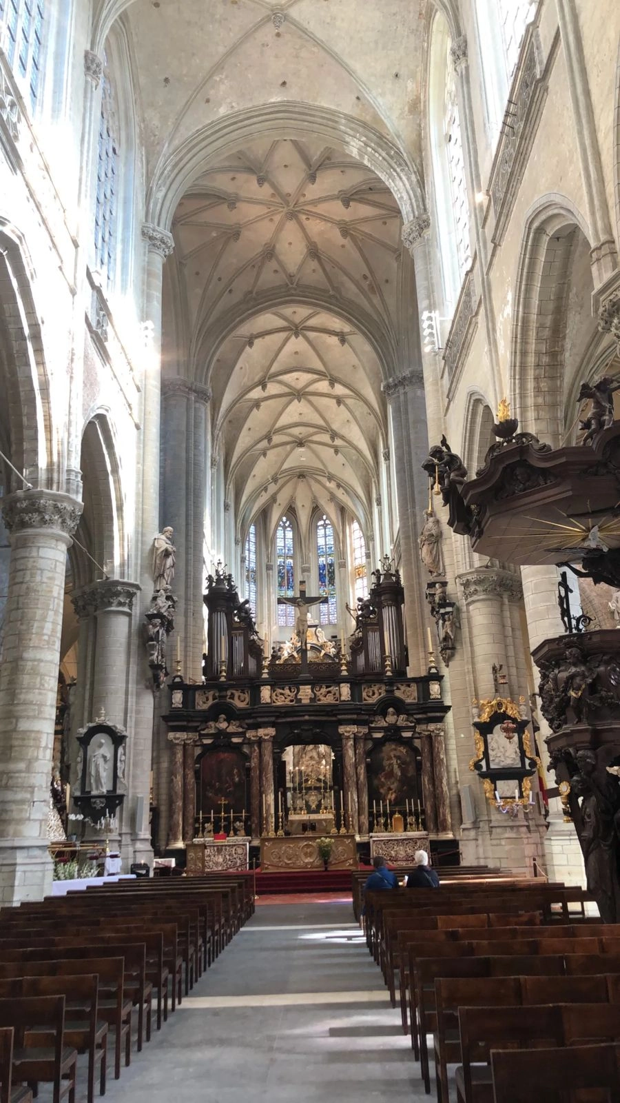 The grand, soaring Gothic interior of a church, featuring high vaulted ceilings with ribbed vaulting. The central nave leads toward a large, ornate Baroque altar and organ structure in dark wood and marble. Sunlight streams through tall, clear windows on the left, illuminating the wooden pews lining the aisle. Two people are sitting on pews in the distance on the right.