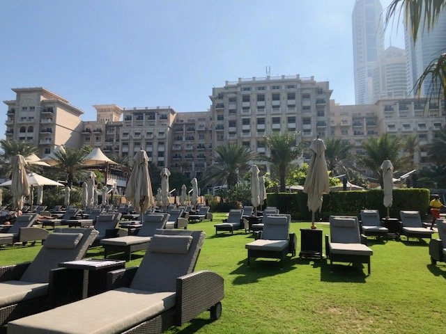 A view of the pool or beachside area of a luxury resort. Rows of dark grey sun loungers with cushions and folded beige umbrellas are set on a meticulously maintained green lawn. A large, multi-story beige hotel building is visible in the background, with palm trees framing the view.