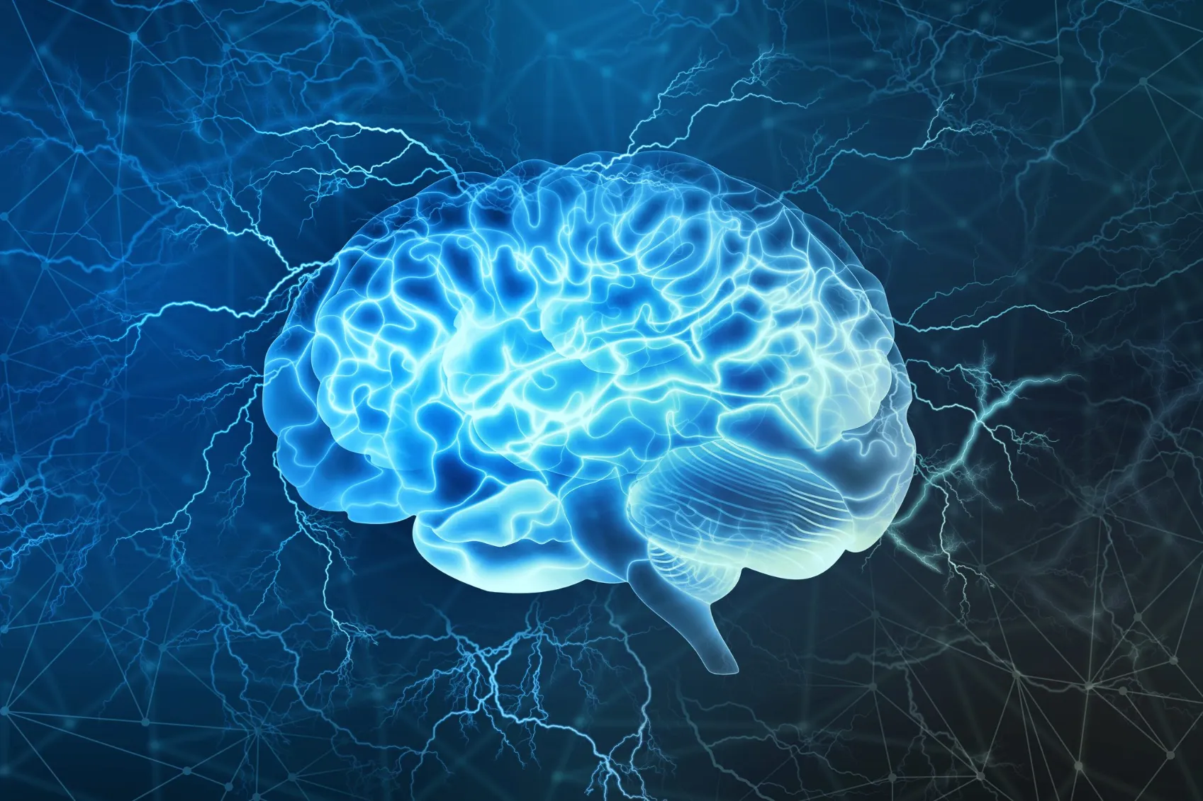 A digital illustration of a human brain glowing with bright, electric blue light, set against a dark blue background filled with intense white and blue lightning bolts and electrical energy fields, suggesting high cognitive activity, neuroscience, or artificial intelligence.
