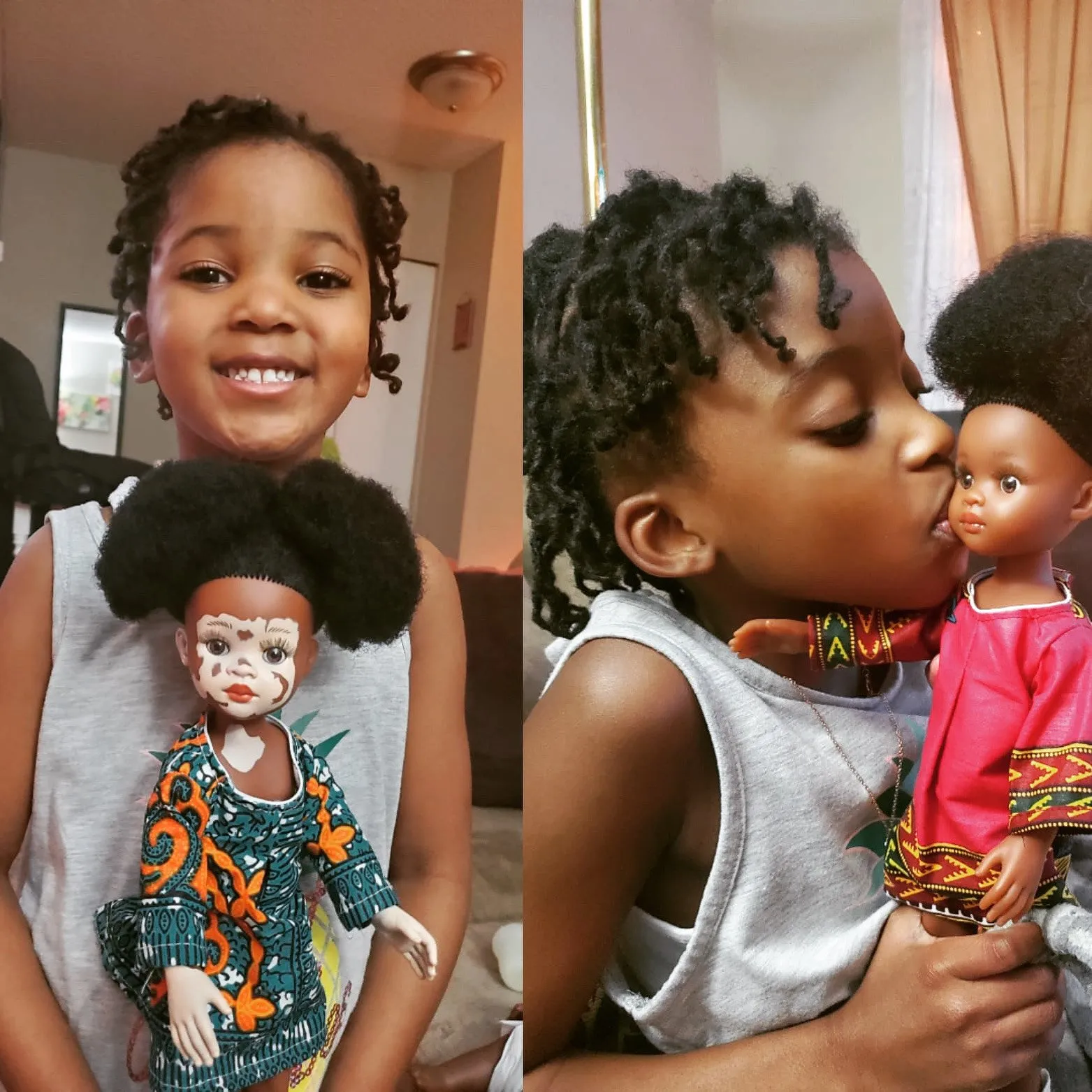 A diptych of two images featuring a young Black girl holding two different dolls. In the left panel, the girl smiles while holding a doll with vitiligo, an Afro puff hairstyle, and a colorful patterned dress. In the right panel, the girl is kissing the cheek of a different doll with an Afro puff and a red, kente-cloth-inspired dress.
