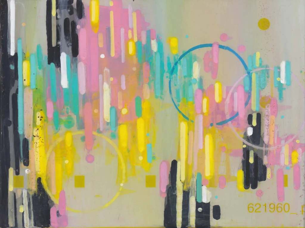 A vibrant abstract painting featuring vertical streaks and daubs of neon pink, turquoise, yellow, black, and white paint against a pale, neutral background. Overlaid on the colorful field are large, faint circular rings of blue and yellow, and a numeric code "621960_p" in the lower right corner.