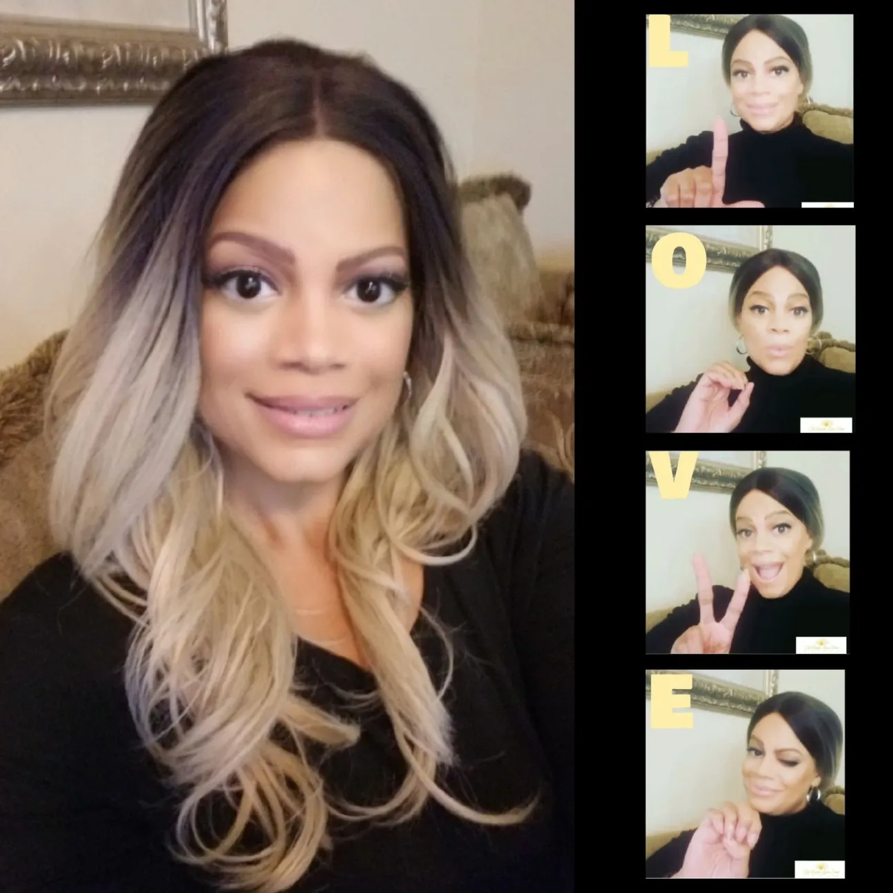 A collage featuring a large portrait of a smiling woman on the left, next to a vertical strip of four smaller, square photos on the right. The woman has long, wavy ombré hair that is dark brown at the roots and blonde at the ends. The four smaller photos on the right show her making four different hand signs, each corresponding to a letter, spelling out the word "L-O-V-E" vertically with yellow text next to the images.