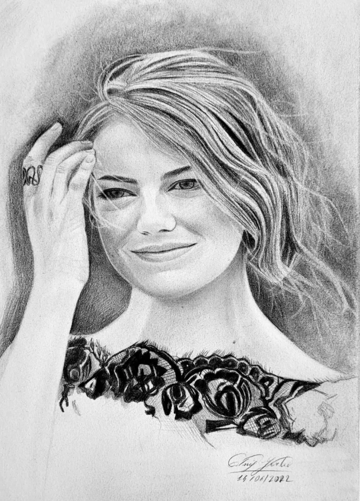 A realistic black and white pencil drawing of a woman, possibly Emma Stone, smiling subtly, wearing a top with detailed lace or floral appliqué on the neckline, and touching the side of her head with one hand.