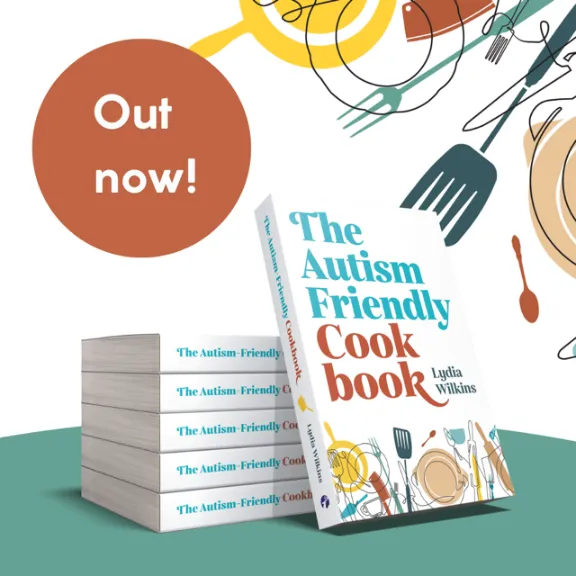 A graphic promoting the book, "The Autism-Friendly Cookbook" by Lydia Wilkins. A stack of five copies is shown next to the cover of the book, which features illustrations of kitchen utensils. A large orange circle overlay says "Out now!" and the background has line art of cooking tools