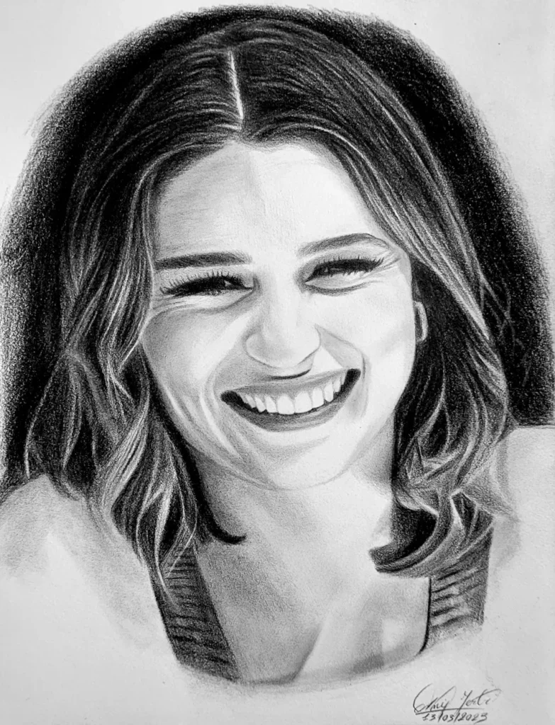 A highly detailed black and white pencil drawing of a woman, possibly Emilia Clarke, with a bright, wide, open-mouthed smile and her eyes crinkled shut with joy.