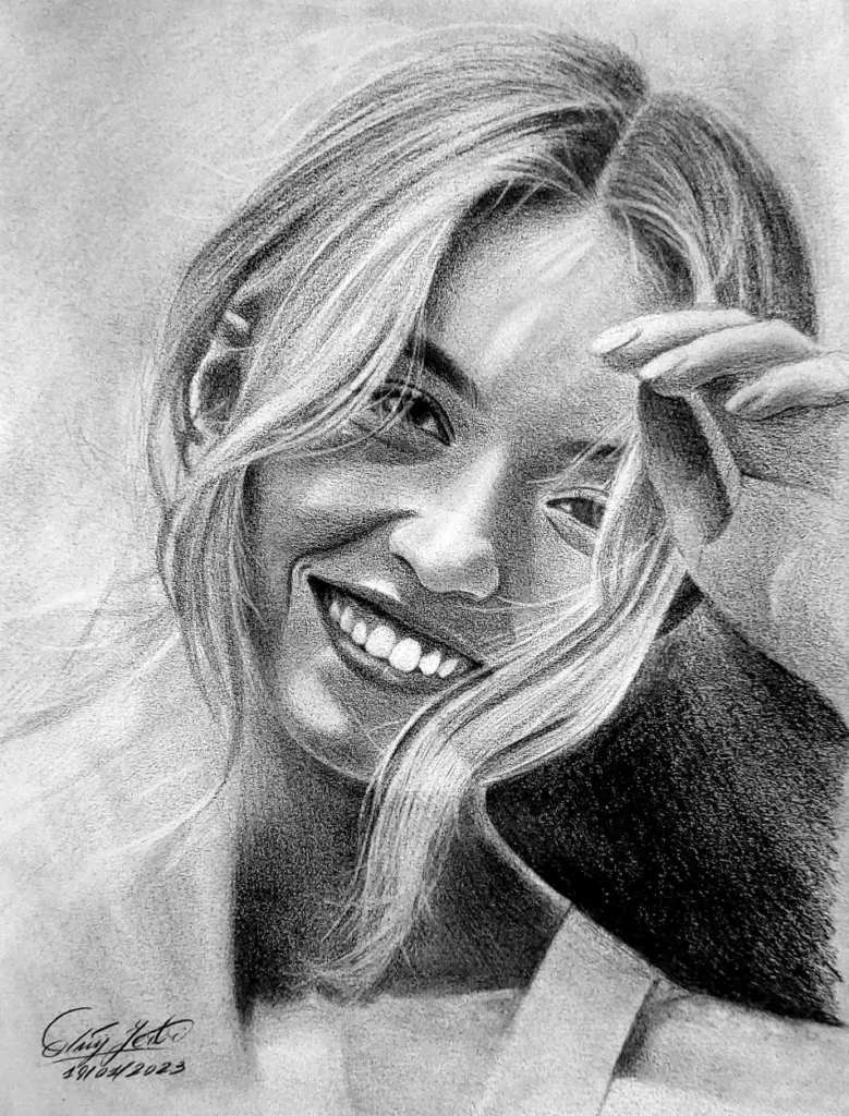A highly detailed black and white pencil drawing of a woman, smiling broadly with a beaming, open-mouthed expression, with strands of hair sweeping across her face and her arm covering her cheek.