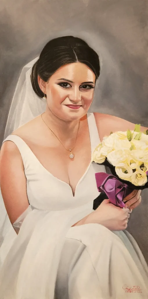 A bridal portrait showing a woman in a white wedding dress with a veil, holding a bouquet of light yellow flowers with a purple ribbon. She is wearing a pearl necklace and earrings.