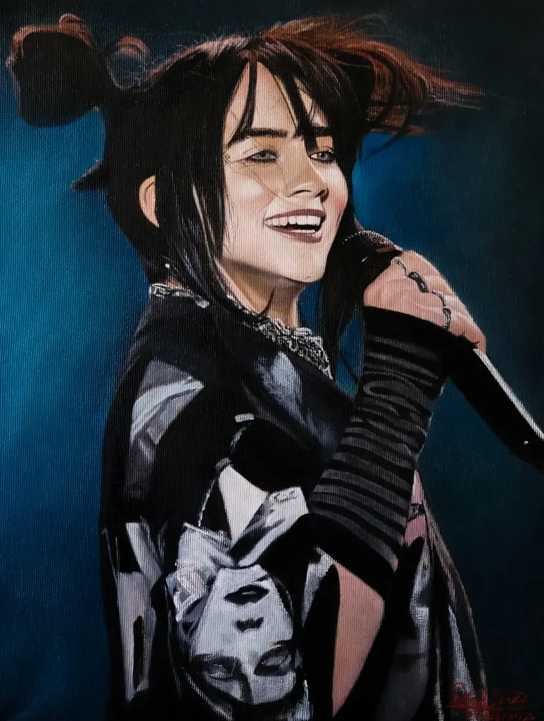A portrait of the musical artist Billie Eilish performing, smiling, and holding a microphone, against a blue background. The style is very detailed, capturing her expression, outfit, and signature space-bun hairstyle.