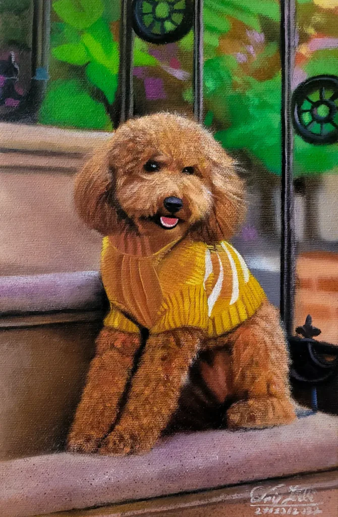 A portrait of a dog possibly a poodle or doodle, sitting outdoors on a stone step or ledge. The dog is wearing a yellow sweater with white stripes and is set against a background of foliage and a dark metal gate.
