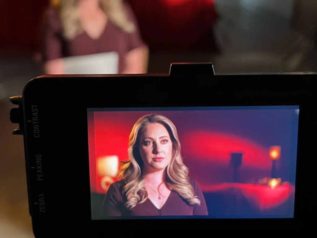 Close-up view of a camera monitor displaying a blonde woman being filmed, with a dramatic red and dark background.