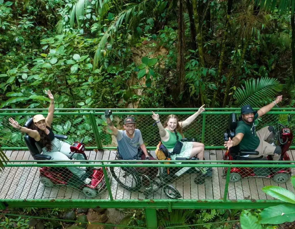 Four joyful people are riding along a metal and wood accessible walkway or bridge through a lush, dense tropical rainforest. Three are riding red mobility scooters and one is sitting in a manual wheelchair. All four are smiling and raising their arms in excitement. The surrounding area is filled with vibrant green foliage, including large ferns and palm leaves.