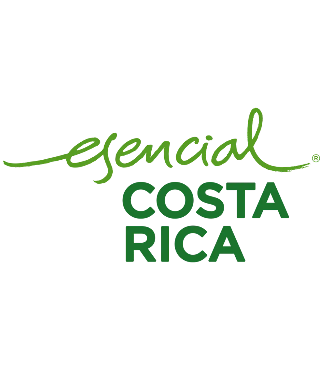 The official logo for the Costa Rica country brand. It features the word "esencial" written in a stylized, bright lime green script, underlined by a flowing brushstroke. Below it, the words "COSTA RICA" are stacked in two lines of bold, dark forest green capital letters. The entire logo is set against a black background.
