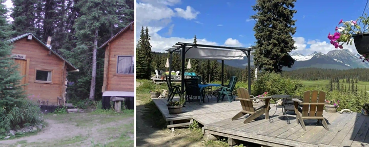 The image is divided into two sections: Left Section: This section shows a rustic cabin made of wood, surrounded by dense evergreen trees. The ground around the cabin is covered with grass and dirt paths, giving it a natural and forest-like appearance. Right Section: This section depicts an outdoor wooden deck with several seating arrangements, including Adirondack chairs and a dining table with chairs under a pergola. The deck is set in a picturesque landscape with tall trees, flowering plants, and a stunning background of mountains under a clear blue sky with some clouds.