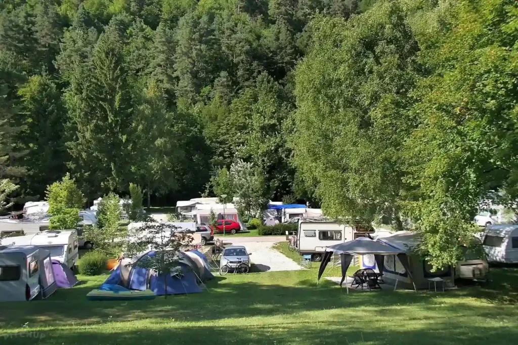 The image shows a scenic camping area surrounded by a lush forest of tall green trees. Several tents and caravans are set up on grassy areas, with campers enjoying the outdoors. The scene includes parked cars, bikes, and picnic setups under canopies, suggesting a peaceful camping experience. The backdrop of dense forested hills adds to the natural beauty of the location. The weather appears sunny and clear, contributing to the overall serene atmosphere of the campsite.