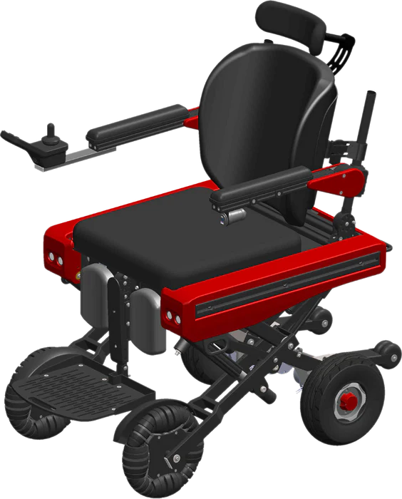 The image shows a motorized wheelchair design with a red and black color scheme. It features sturdy wheels, including front omni-wheels for enhanced mobility, and a black padded seat with armrests and a backrest. The frame has a robust construction, with red elements on the sides and black cushioning for comfort. A control panel with a joystick is visible on the left side, which is commonly used for maneuvering. The overall design appears modern and functional, suited for powered mobility assistance.