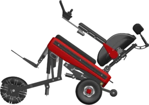 This image appears to depict a specialized wheelchair or mobility device, likely designed for all-terrain or enhanced maneuverability. The wheelchair has a red body frame with black mechanical components. It includes large, rugged wheels at the rear for stability and smaller wheels or supports at the front. The seat is adjustable and reclined backward, with an attached headrest and arm supports. The overall design suggests a high level of customization for comfort and functionality, possibly suited for users with advanced mobility needs or for navigating challenging environments.