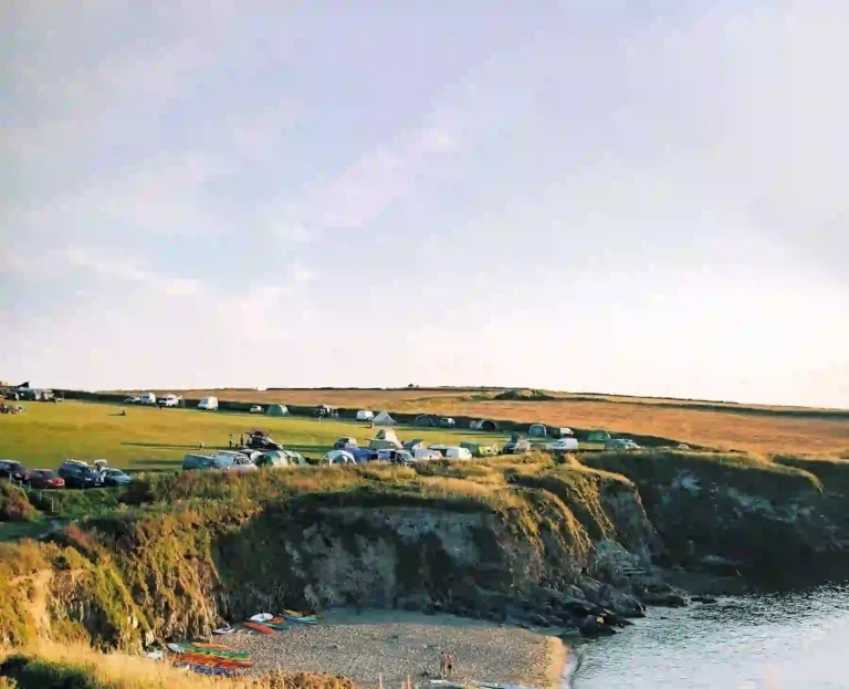The image depicts a scenic coastal campsite situated on grassy cliffs overlooking a small beach and a calm body of water. Several tents and vehicles are spread out across the grassy area, with campers enjoying the open space. Kayaks and surfboards are visible near the shore. The area exudes a peaceful, relaxed atmosphere, ideal for outdoor activities and seaside camping. The lighting suggests it's either early morning or late afternoon, with a soft golden hue illuminating the landscape.