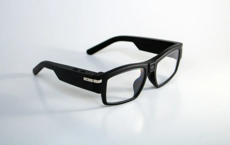 The image shows a pair of smart glasses with a black frame. The glasses have slightly thick arms, with two buttons visible on one side and a small metallic accent near the hinge. The lenses are clear, and a small circular sensor or camera is embedded at the top center of the frame, near the bridge of the glasses. The design appears sleek and modern, hinting at the presence of integrated technology.