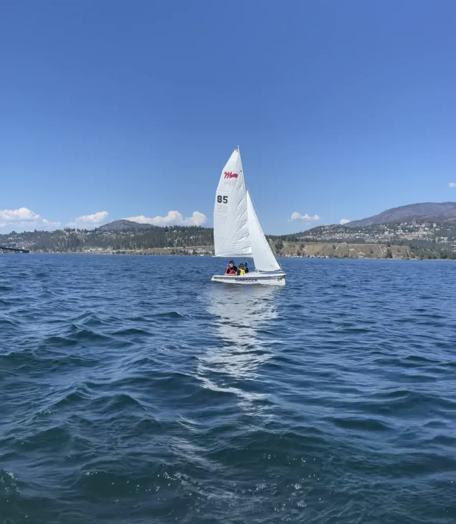 The image shows a small sailboat with a white sail gliding on a calm body of water under a clear, blue sky. The boat has the number "85" displayed on its sail, and two people in life jackets are seated inside. In the background, there is a shoreline with hills, trees, and scattered houses or buildings, with mountains rising further in the distance. The weather appears sunny, and the overall scene is peaceful, with gentle waves on the water.