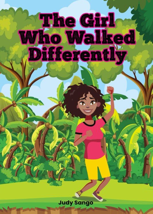 The book cover image shows a cheerful girl with curly hair, wearing a pink shirt and yellow shorts, standing in a lively green jungle setting with tropical trees and plants in the background. She has one arm raised confidently, as if in celebration or triumph. The title "The Girl Who Walked Differently" is written in bold, large letters at the top of the cover in bright pink and black. The author's name, Judy Sango, appears at the bottom of the cover.