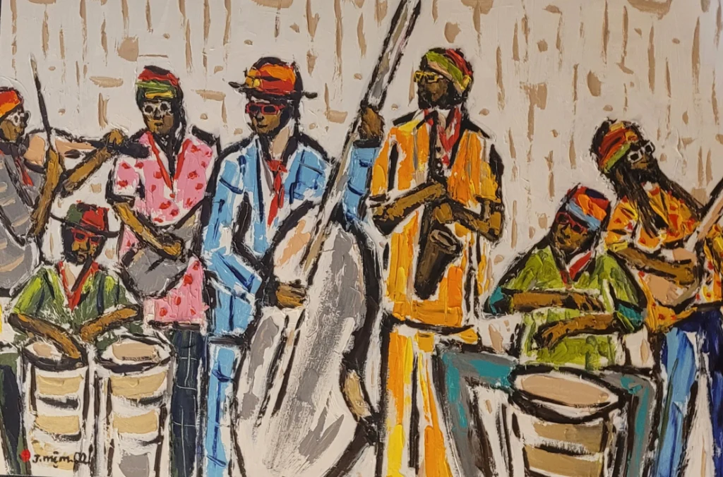 A vibrant painting of a band playing music, featuring several musicians wearing colorful clothing and hats. Each musician holds an instrument, including drums, saxophones, guitars, and a large bass. The colors are bold, with shades of pink, blue, orange, green, and red giving the scene an energetic, lively feel. The painting style is expressive and textured, with thick brushstrokes and exaggerated outlines, adding movement and rhythm to the scene as the musicians play together passionately.